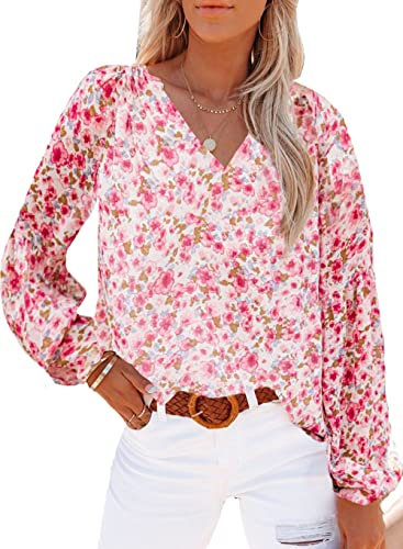 Damen Oberteile,Damen-Chiffon-Bluse, Sommer-Ballon-Langarmhemden, Einfarbig, V-Ausschnitt, Blumenmuster, Elegante Bluse, T-Shirt-Jacke, Lockere Bluse, Tunika, Sweatshirt-Oberteile Für Damen, Rosa, M