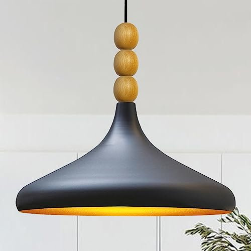 bamyum Champion Pendelleuchte aus Holz, 35 cm Hängelampe Metall E27 Moderne Esstisch Lampe, Skandinavisch Pendellampe für Schlafzimmer Wohnzimmer Küche Esstisch, Schwarz Küchenlampe Hängend