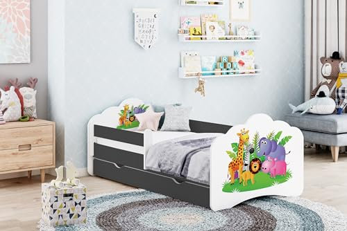 Happy Babies MOBI MOBI Kinderbett 160x80 mit Rausfallschutz Bettkasten und Lattenrost Kinderzimmer Bett mit Matratze 80x160 kleines Bett mit Tiermuster