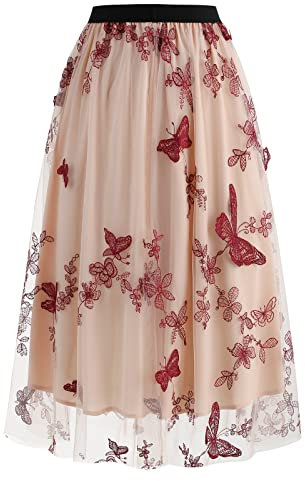 Damen T?llrock Langes Schmetterling Stickerei Rock Elegant Elastischer A-Linie Lagenrock T?ll Midir?cke Hohe Taille L?ssige M?dchen Rock Vintage 50er Meshrock Sommerrock Maxirock Rot 2XL