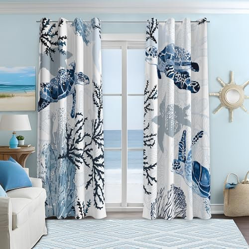Tende nautiche costiere decorative spiaggia oceano tartaruga mare corallo 50% blocco della luce mare oscuramento tenda con occhielli per villa soggiorno camera da letto blu navy e bianco 2 pannelli