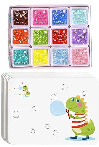 SJBAUTYO Stempelkissen-Set, 24 Farben, ungiftiges, abwaschbares Fingerabdruck-Stempelkissen für Papierhandwerk, Stoffmalerei und DIY-Geschenke mit 16 Zeichenvorlagen - perfekt für Geburtstage.