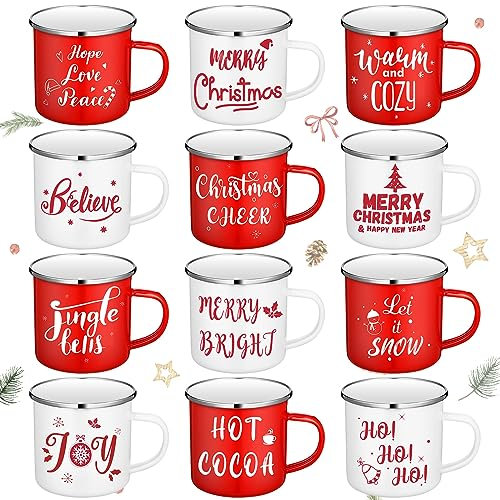 Suttmin Emaille-Kaffeetassen-Set mit Zitaten, 340 ml, Motiv: Merry Christmas, Urlaub, Camping, saisonale Wintertassen, lustige Kaffeetassen für Frauen, Kollegen, Kinder, 12-teilig