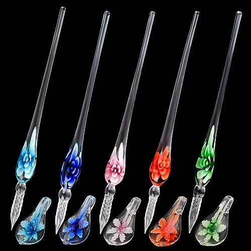 WANDIC Lot de 5 stylos à encre en verre teinté fait à la main - 18 cm - Motif fleur en cristal coloré - Avec supports - Pour art, signature, écriture, dessin, lettrage