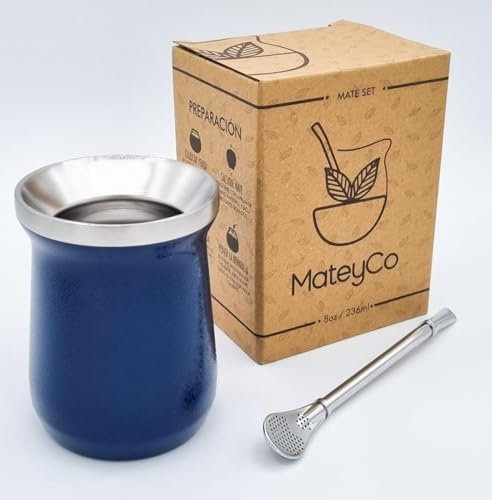 MateyCo Mate argentino brilloso con bombilla 236 ml - Kit mate argentino doble pared de acero inoxidable- Set mate argentina (Azul)