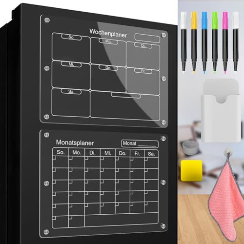 Magnetischer Wochenplaner 40cm x 30cm, 2 Stück Transparente Monatsplaner und Wochenplanner Abwischbar Acryl Whiteboard für den Kühlschrank mit 6 Farbigen Markern Reinigungstuch Schwamm Stifthalter