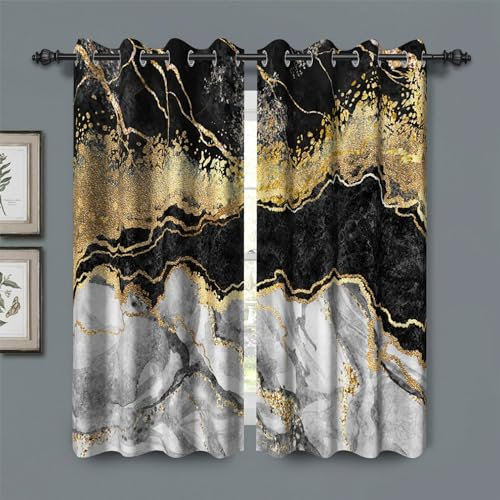 Baocicco Schwarz-Goldfarbene Marmor-Fenstervorhänge für Schlafzimmer, Kunst-Design, schwarz-grau-Goldfarbene Marmor-Vorhänge für Wohnzimmer, modern, luxuriös, Goldfarbene Textur