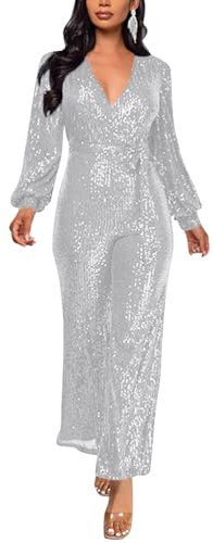 ORANDESIGNE Damen Pailletten Overall Langarm V-Ausschnitt Glitzer Strampler Lockere Hose Party Clubwear Einteiler Lang Abend Jumpsuit Elegant Playsuit Romper Hosenanzug mit Gürtel A Silber S