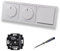 Busch Jäger 6523U-102 (2 x) LED Drehdimmer Dimmer + Dimmerscheiben 6540-84-102 + Kreuzschalter 2000/7 US in Future Linear Studioweiß glänzend + EBROM Phasenprüfer zur Montage der Geräte 6523 U – 102