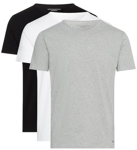 Tommy Hilfiger Men’s 3 Pack Short Sleeve Round Neck Stretch T-Shirts, Multicolor (Black/White/Grey Heather), XL