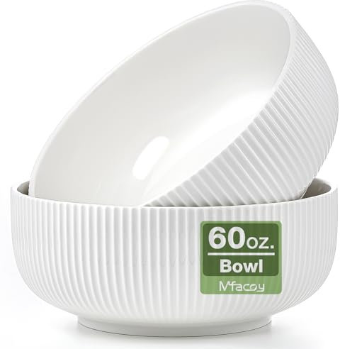 Mfacoy Lot de 2 grands bols à salade de 20,3 cm, 1,7 l, bols profonds pour cuisine, bols en céramique blanche pour soupe, céréales, ramen, pâtes, salade, lave-vaisselle et micro-ondes, faciles à