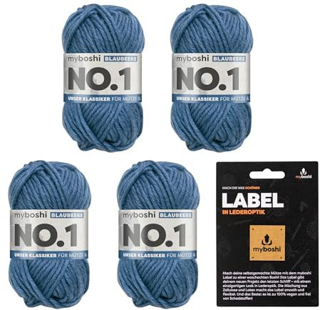 myboshi No.1 Wolle zum Häkeln und Stricken, Schnellstrickgarn, inkl. Label, Strickwolle, Häkelwolle, mulesing-frei, Ll. 55m /50g, 30% Wolle (Merinowolle) Blau (Blaubeere), 4 Knäuel