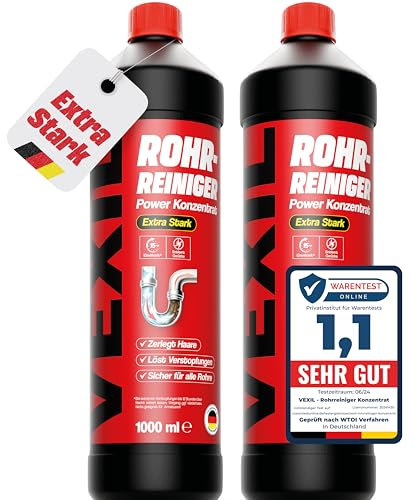 VEXIL Rohrreiniger - Profi Abflussreiniger EXTRA STARK für Extremfälle - 2x 1L Power Konzentrat löst hartnäckigste Verstopfungen wie Haare, Seifenreste, Fette - biologisch abbaubar - Made in Germany