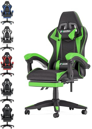 bigzzia Silla Gaming,Silla Ergonómica para Videojuegos, Oficina y Estudio, Silla Gaming con Cojín Lumbar y Reposacabezas, Regulable en Altura(con reposapiés, Verde)