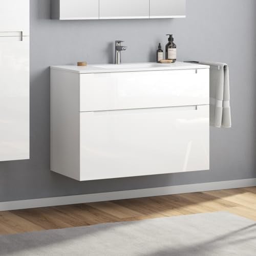 Zentrobad Premium Waschbecken weiß 100 cm mit Unterschrank Badmöbel Badezimmer Schrank Badschrank mit Zwei Schubladen (weiß glänzend lackiert)