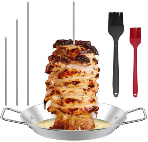 Pipihome Brochette verticale Broche Barbecue, Brochettes en Acier Inoxydable avec 3 pointes amovibles, Broche Barbecue, Rotissoire Verticale Le Kebab avec 2 Brosses (A)