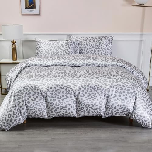 DuShow Satin Duvet Cover Set Double,Grey Leopard 3 Piece Satin Bedding Set (1 Duvet Cover + 2 Pillowcases),Soft Silky Cooling Comforter Cover Set(Leopard,Double)