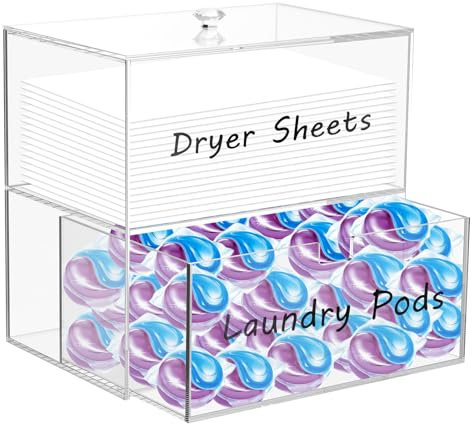 2-Tier Acrylic Dryer Sheet Container with Drawer & Lid, Dryer Sheet Holder with 4 Label Decals, Clear Laundry Storage Containers For Laundry Pods/Dryer Balls/Clothes Pins(2-Tier)