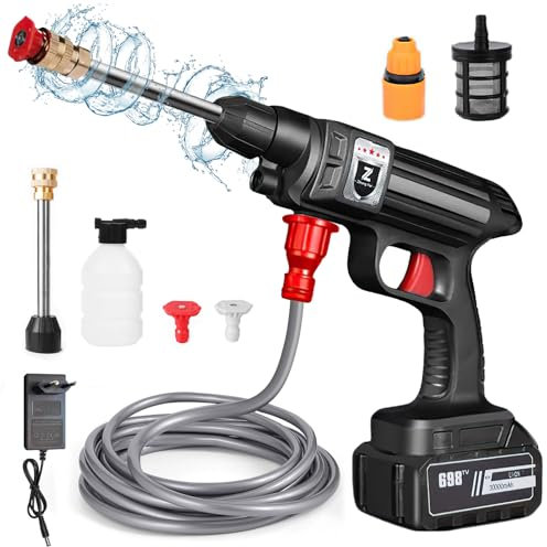 Nettoyeur Haute Pression sans Fil, 21V Nettoyeur Haute Pression Portable, par Batterie, 30Bar 1500W 150 PSI Nettoyeur Haute Pression sans Fil, Tuyau de 5M,pour Voiture Cleaning Floors (10000mah)