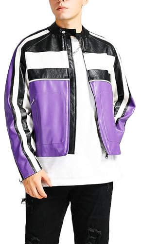A&M Express Café Racer - Giacca da uomo in finta pelle a righe, con cerniera, a maniche lunghe, stile patchwork, Viola, XL