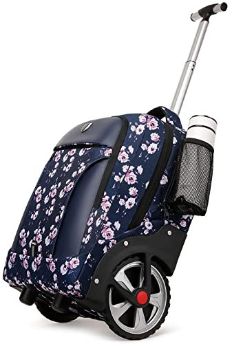 GOTECH Rolling Backpack,Waterproof Backpack with Wheels for Business and Travel Commuter, Carry on Backpack, Wheeled Backpack, Blue Flower, 20 inches, Fashionable Silent Large Wheel Trolley Bag