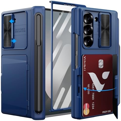 Vihibii for Samsung Galaxy Z Fold 6 Case with S Pen Holder & Card Holder & Slide Camera Cover & Screen Protector & Hinge Protection, Shockproof Rugged Wallet Phone Case for Galaxy Z Fold 6 2024, Blue