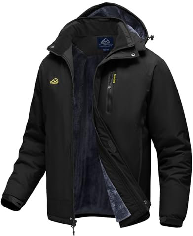 Rdruko Skijacke Herren Winterjacke Snowboardjacke Warme Fleece GefüTtert Winter Jacke Wasserdicht Funktionsjacke Männer Outdoor Wanderjacke mit Kapuze-Schwarz XXL