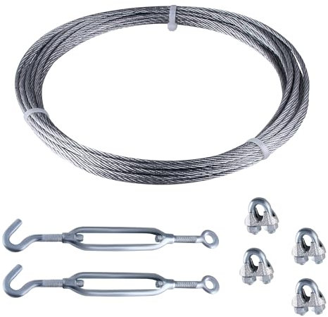 SUKITMISO 10M 4mm Drahtseil Set, Drahtseil Rankhilfe Set, Stahlseil mit Seilspanner und Bügelformklemme, Seilspanngarnitur für Hänge, Gardinen seil, Garten, 10m Stahlseil 6x7