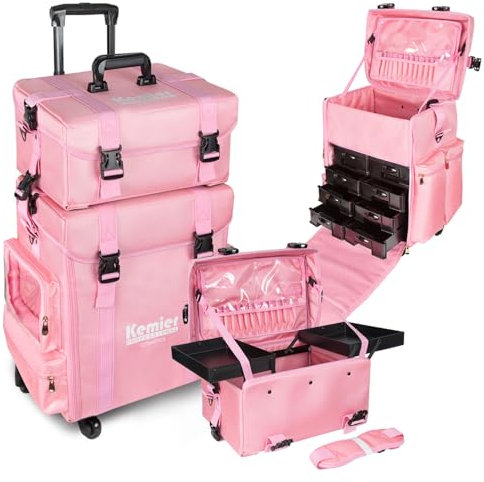 Kemier Make up Koffer - Professionell Schminkkoffer | Kosmetikkoffer groß mit Aufbewahrungsschubladen und 2 in 1 Omnidirektionale Räder für Reise, Wasserdicht Nylon Material, Rosa