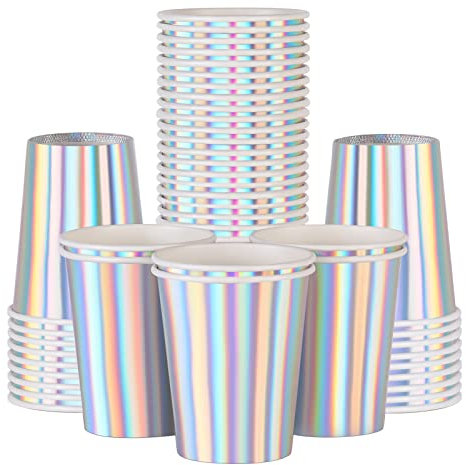 Iridescent Paper Cups 9 oz [50pack] Disposable Coffee Cups Hot Cold Drinks Tea Milk Juice Chocolate Silver White Cup Holographic Rainbow Party Decorations Picnic Home Birthday Anniversary Christmas