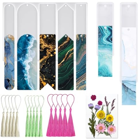 3 Stück DIY-Lesezeichen-Harzformen mit 7 verschiedenen Designs, rechteckige Silikon-Lesezeichen-Harzformen mit 15 Quasten und 12 getrockneten gepressten Blumen zum Selbermachen von Lesezeichen