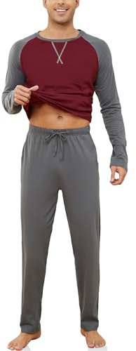 Reliwel Schlafanzug Herren Lang Baumwolle Pyjama Herren Zweiteiliges Set Raglan Langarm Shirt & Schlafanzughose mit Tasche Nachtwäsche Männer Hausanzug Sleepwear