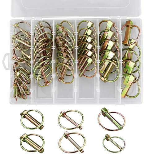 52 pezzi Perno di lynch con anello per rimorchio trattore agricolo,Assortimento di perni clip rotonde sicurezza 4.5-6-8-11 mm Acciaio zincato