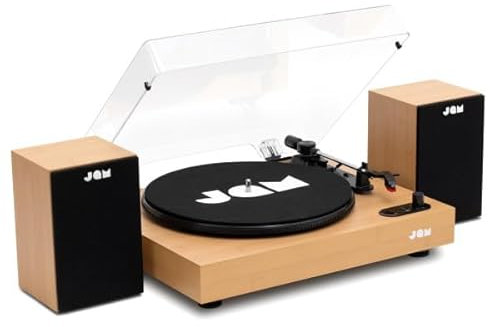 JAM Giradischi con Altoparlanti - Giradischi Bluetooth con Altoparlanti da Libreria, 3 Velocità con Coperchio Antipolvere, Braccio Pre-Calibrato, Pulitore di Vinile Incluso, Legno