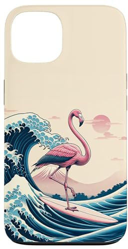 Custodia per iPhone 13 Divertente fenicottero rosa surfista tropicale grande grande