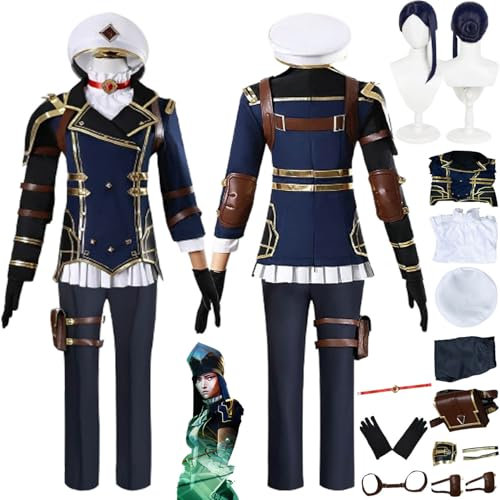 bbganlian Anime Arcane Season 2 Caitlyn Cosplay Kostüm Outfit Rollenspiel Vi Blau Uniform Komplettes Set Halloween Party Karneval Dress Up Anzug mit Hut Perücke für Damen (XXXL)