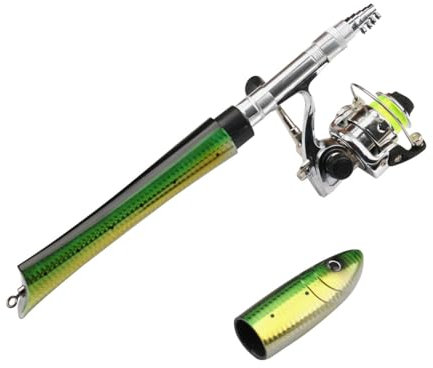 Taschenangelrute, leichte Teleskopfischrute Fischform Stift Angelrute mit Rolle & Schnur für Salzwasser Süßwasser Angeln