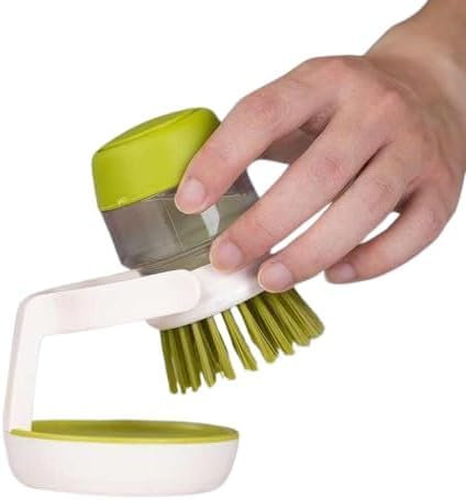 Palm Scrub Refillable Soap Dispensing Cleaning Washing Up Kitchen Brush with Storage Stand Holder- (Green)