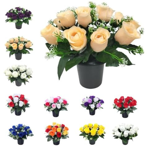 Rose Artificial Flowers in Grave Flower Pots – UV Resistant, Realistic & Long-Lasting Memorial Display for Cemetery, Grave Decorations, Funerals, Home & Garden Remembrance Arrangements (Peach)