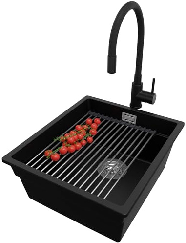 PRIMAGRAN Granitspüle ab 45er Unterschrank + Küchenarmatur, 41x47cm | Set: Küchenarmatur BW6020 + Ablauf-Set + Abtropfmatte + Spülbecken 1 Becken - Prag Level Slim, Schwarz