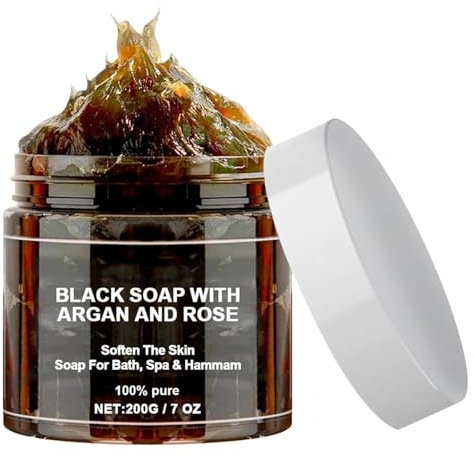 Maroc Gommage au Savon,Savon Exfoliant pour le Corps au Savon Noir,Savon Noir Marocain avec Argan et Rose,Deep Cleansing and Softening Skin,200g,Comprend Gant de Douche Exfoliante