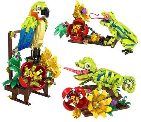HOGOKIDS Ensemble de construction 3 en 1 Fleurs Grenouille Perroquet Lézard - Figurines botaniques animales Jouet construction pour décoration maison bureau Adultes Enfants Garçons Filles (672 pièces)