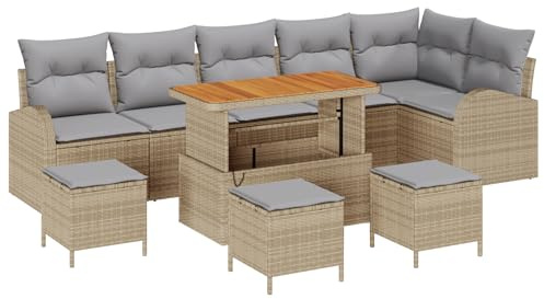 vidaXL 10-teiliges Garten-Sofa-Set mit Kissen in Beige aus Poly Rattan und Akazie. Wetterfeste, modulare Sitzgruppe für Terrasse und Balkon. Perfekt für den Frühling und Sommer!