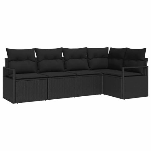 vidaXL 5-teiliges Gartensofa-Set mit Kissen in Schwarz aus Poly-Rattan | Modulares Outdoor-Sektionalsystem, handgewebt, wetterfest, Coole Terrassenmöbel, gemütliche Lounge-Anordnung.
