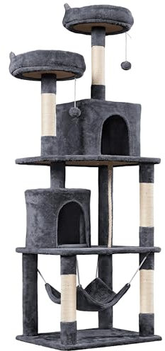 Abician Arbre a Chat XXL, Arbre à Chat 180 cm pour Grands Chats, avec 2 Plate-Forme/2 Niches/1 Hamac/5 Griffoirs Gris Anthracite