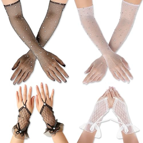 YiiHHooN 4 Pares Guantes de Encaje, 2 Tamaños Guantes de Fiesta de Té Vintage, Guantes Cortos de Encaje Largos de Encaje Negros Blancos para Fiestas de Boda Espectáculos Bailes de Graduación