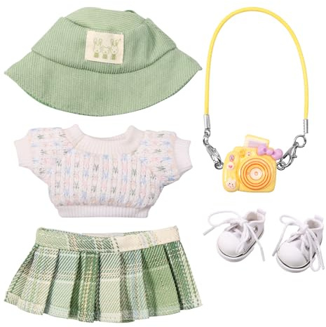 Puppenkleidung für Puppe 17cm, Kuscheltier Kleidung Outfit mit Hut Pullover Rock Kameramodell (Keine echte Kamera) Schuhe, Bekleidung für Puppen 17cm Bekleidung Puppen Fürs Vinyl Plush Toy(Grün)