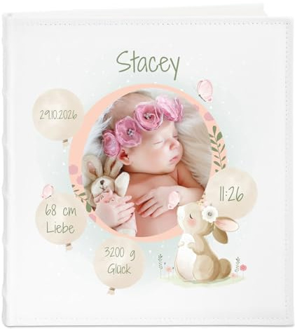 Maverton Fotoalbum zum Einstecken 10x15 cm, Einsteckalbum mit Aufdruck | Für 500 Fotos, 33x33cm, Weiß, personalisierte Geschenke für Baby zur Taufe Geburt, Geburtstagsgeschenk