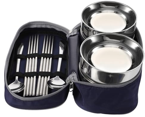 CIYODO Ciotole in Acciaio con Bacchette e Cucchiai Posate da Cucina Leggere e Portatili Stoviglie Riutilizzabili per e Viaggio Design Vintage Blu