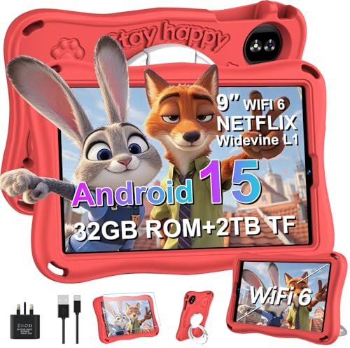 JVVQTB Kids Tablets Pro Android 15 Octa Core ROM 32GB+2TB TF | tablets 9 Inch | 5G + 2.4G WiFi | Parental Controls | Bluetooth 5.0 | GMS | 8MP + 5MP | Type C, Assistant AI, Eva protective case - Red
